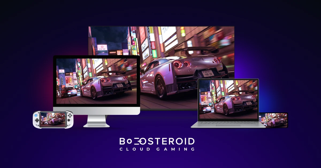 Boosteroid cloud gaming service logo interface displaying PC game library streaming on mobile devices