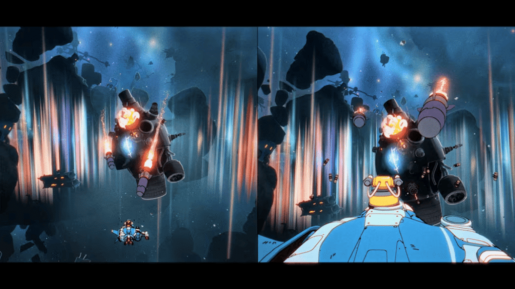 Two player perspectives during an Orbitals co-op boss encounter