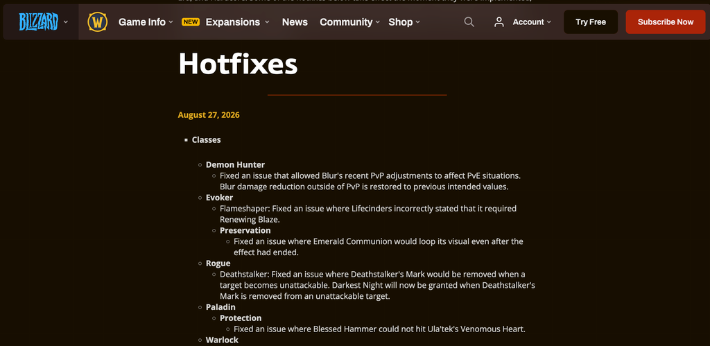 World of Warcraft hotfix notes for August 27, 2026, showing fixes for Demon Hunter, Evoker, Rogue and Paladin.
