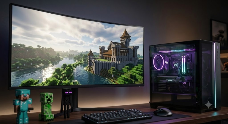 he image features a powerful gaming PC setup displaying a visually stunning Minecraft landscape enhanced with modern shaders.