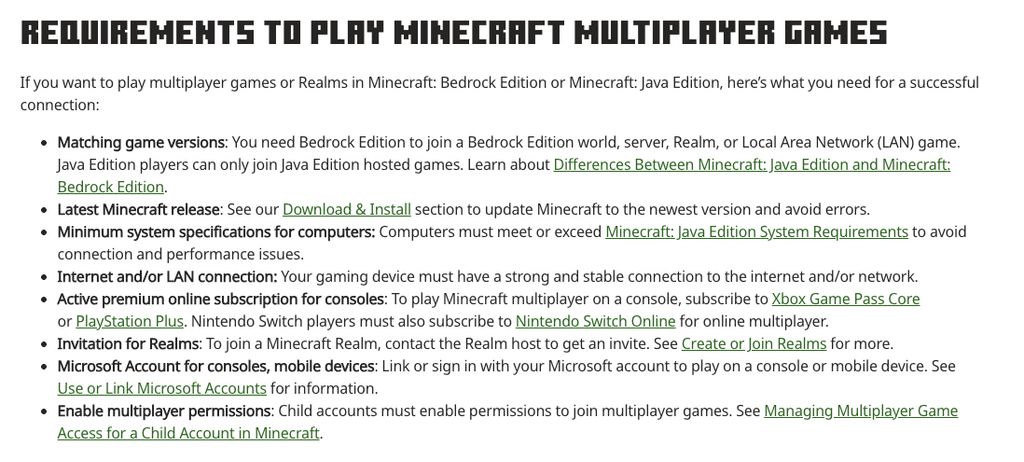 Requirements to play Minecraft multiplayer games