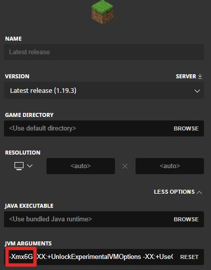 Minecraft launcher JVM arguments settings screen