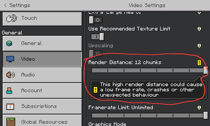 In-game video settings menu showing render distance options