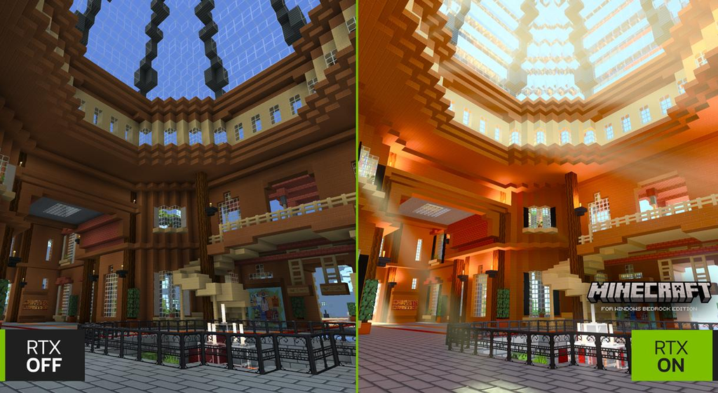 Comparison of vanilla Minecraft vs Minecraft with ray tracing enabled