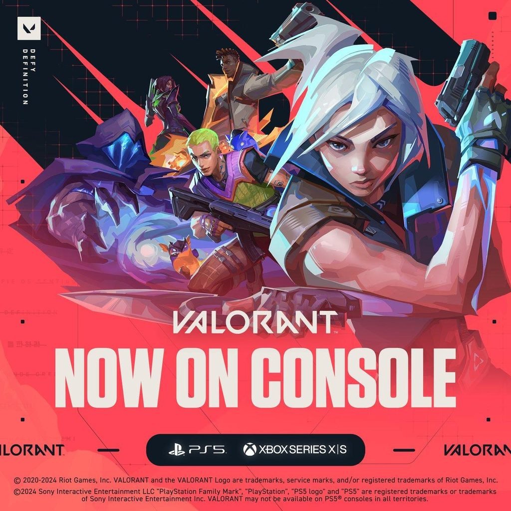 Valorant console key art showing agents alongside PlayStation 5 and Xbox Series X|S logos