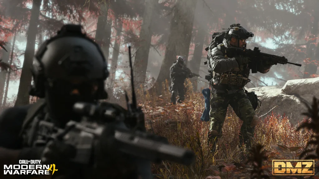 Squad patrolling a foggy, ruined exclusion zone during a DMZ extraction deployment.