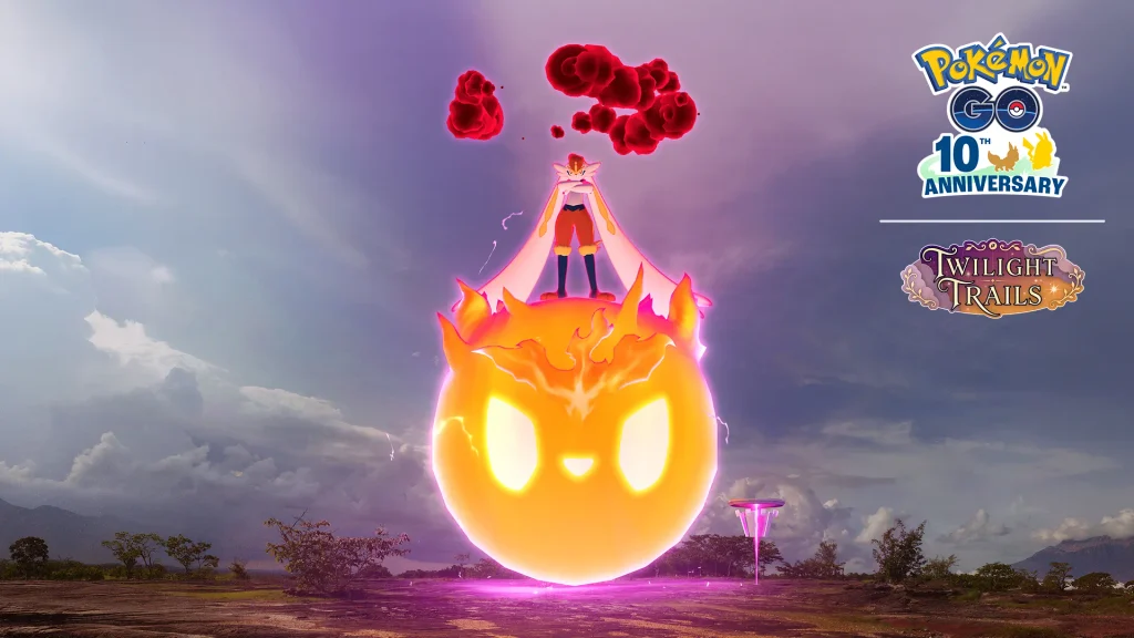 Gigantamax Cinderace standing on a fiery Pyro Ball in a Max Battle arena