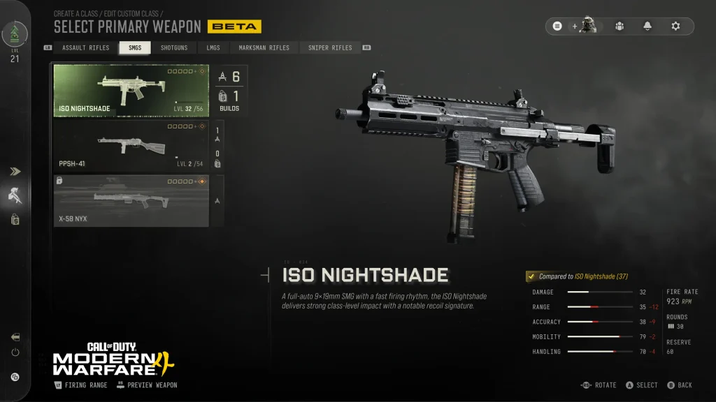Modern Warfare 4 Gunsmith menu showing weapon customization, attachment slots, and performance statistics.