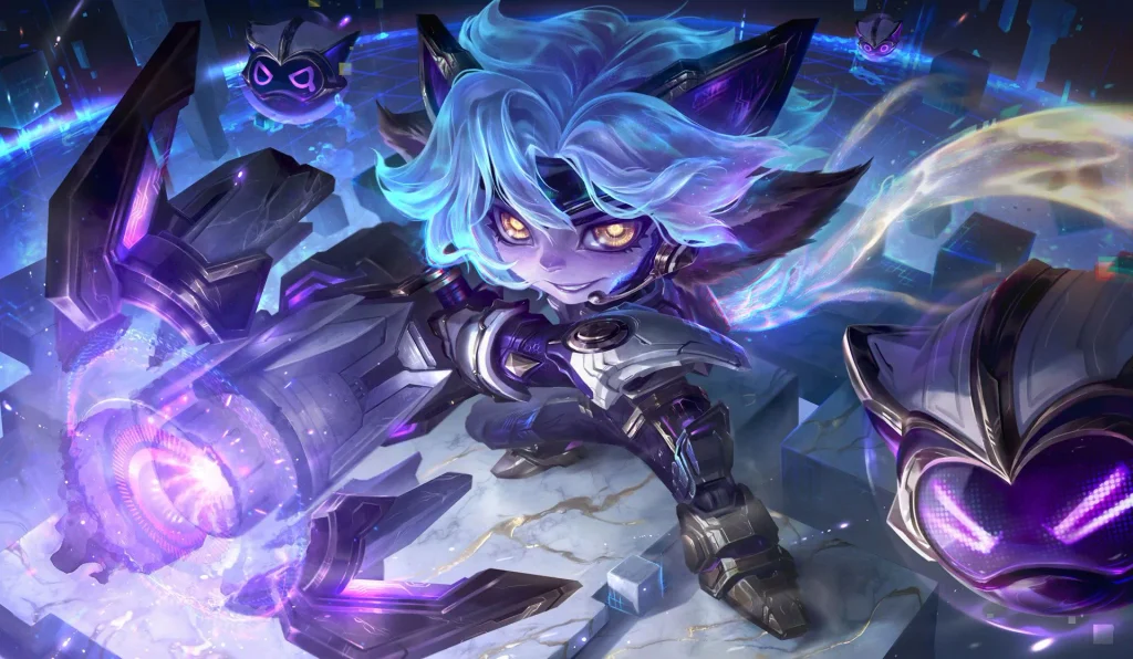 Splash art for Immortalised Legend Tristana in upgraded golden armor with an energy cannon.