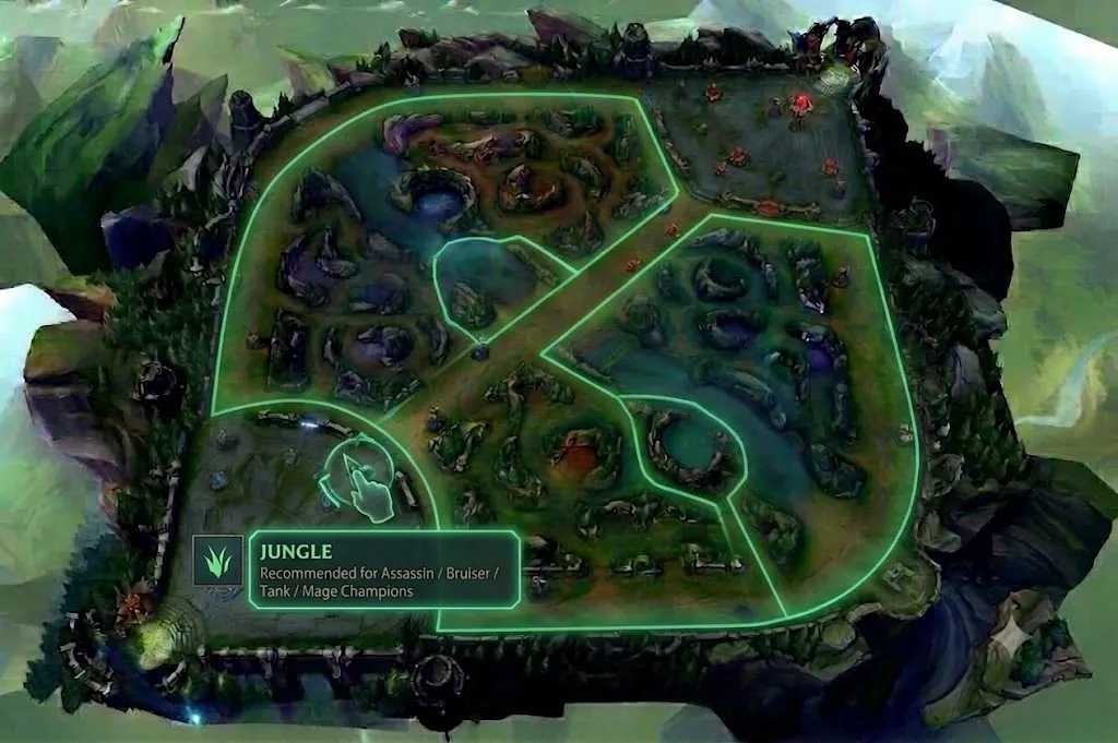 Map overview highlighting the neutral Jungle areas on Summoner's Rift.