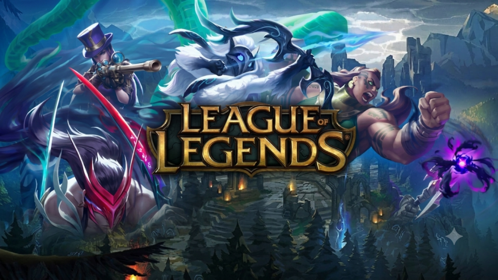 League of Legends key art featuring iconic champions in action against a dark, magical background.