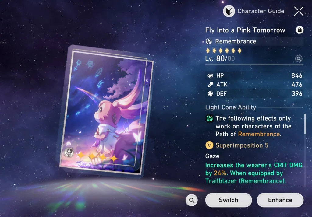 Light Cone equipment screen showing stats and passive path ability compatibility.