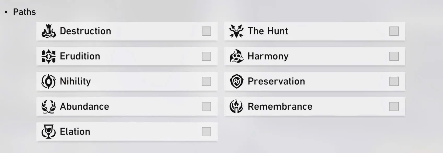 Icons representing the different character Paths in Honkai: Star Rail.
