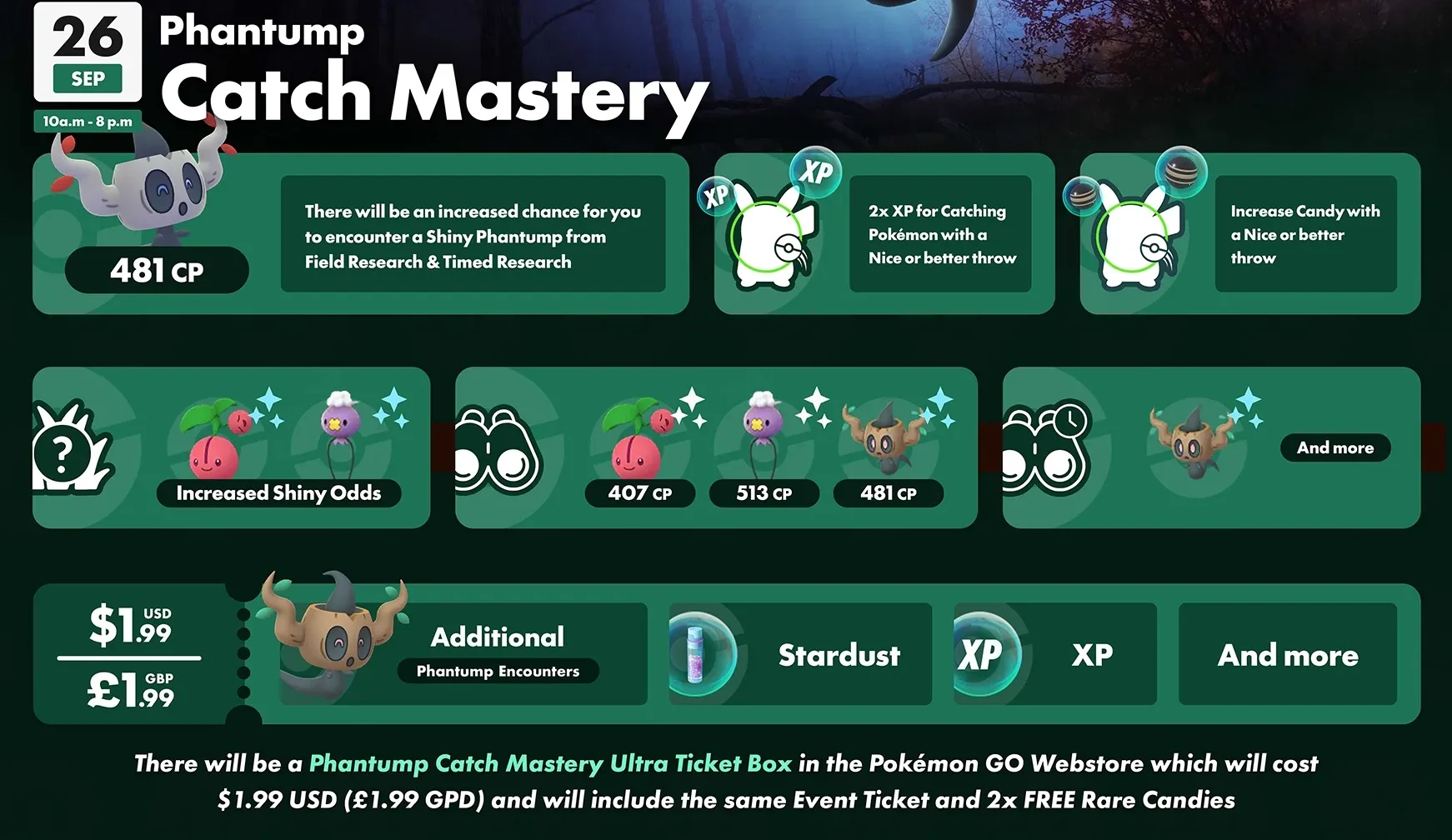 Phantump Catch Mastery event graphics featuring Phantump in a forest setting