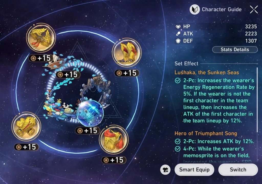 Relic equipment interface displaying main stats, substats, and set bonuses.