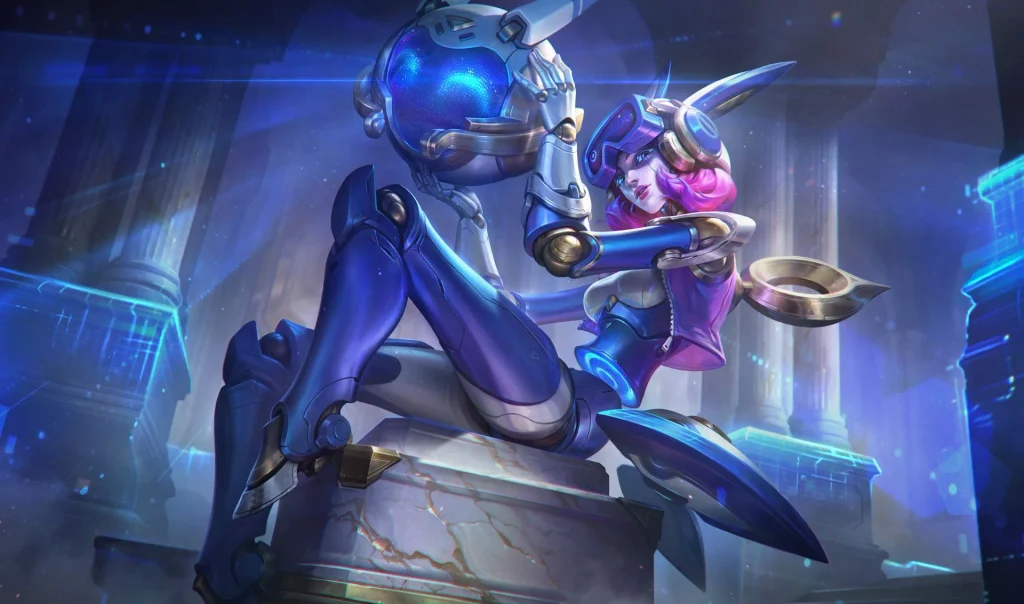 Splash art for Risen Legend Orianna with blue-gold mechanical armor and a glowing orb.
