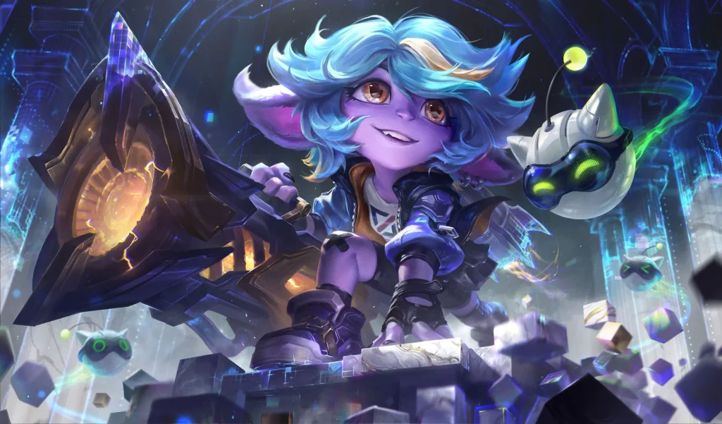 Splash art for Risen Legend Tristana holding a heavy rocket launcher with orange fire effects.