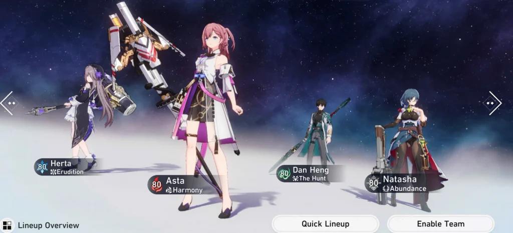 Honkai: Star Rail team setup screen showing a four-character battle lineup.