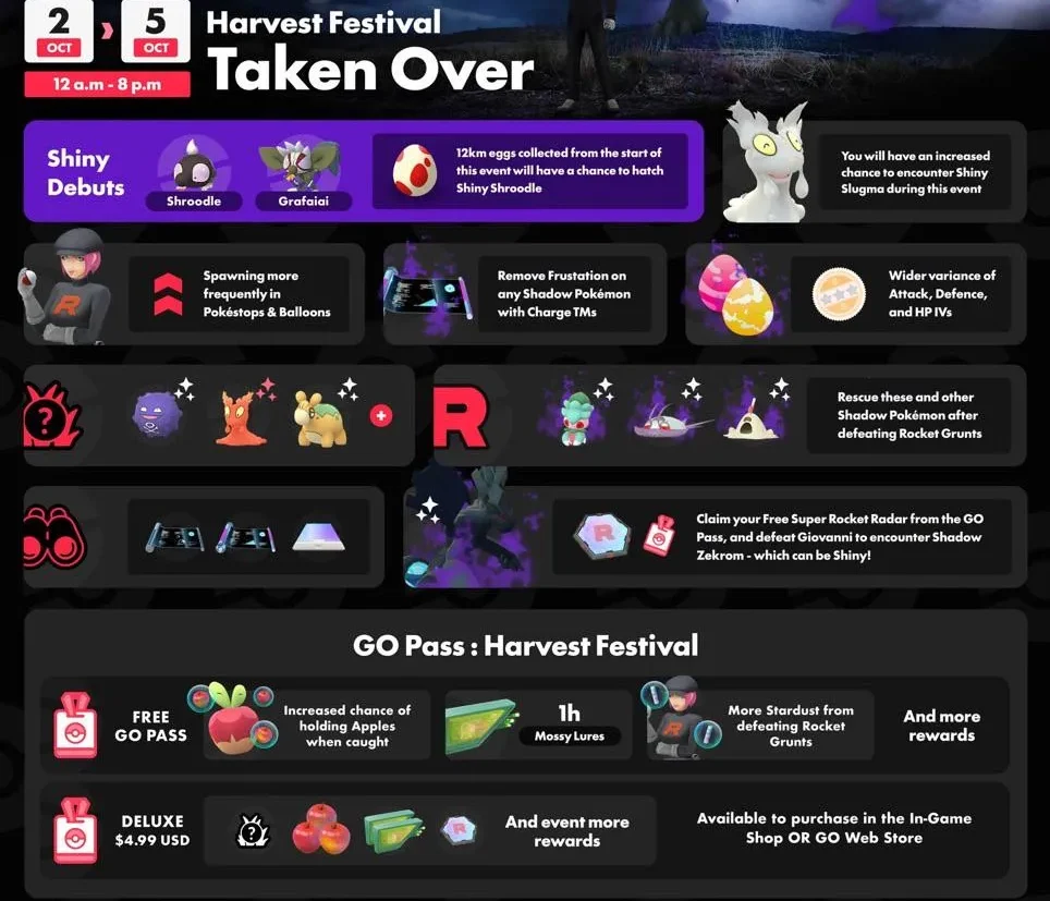 Harvest Festival: Taken Over event banner featuring Shadow Zekrom and Team GO Rocket