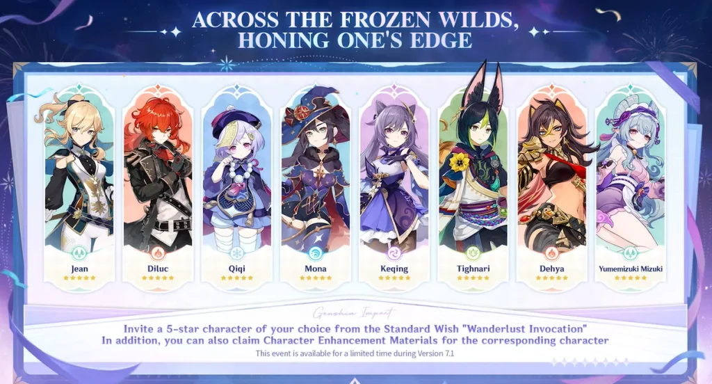Standard 5-Star Character selection pool for the Genshin Impact sixth anniversary.