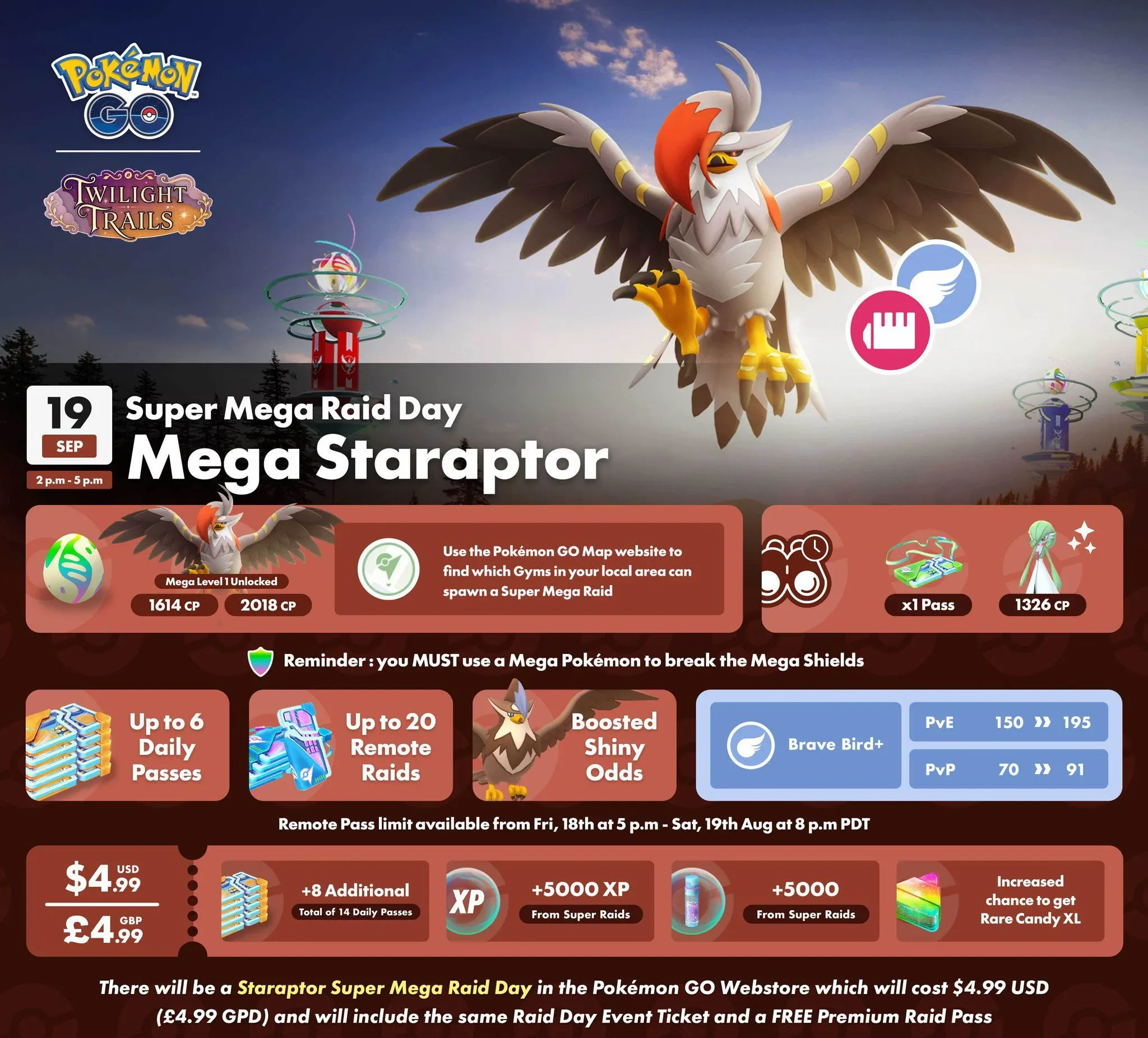 Staraptor Super Mega Raid Day promotional banner featuring Mega Staraptor