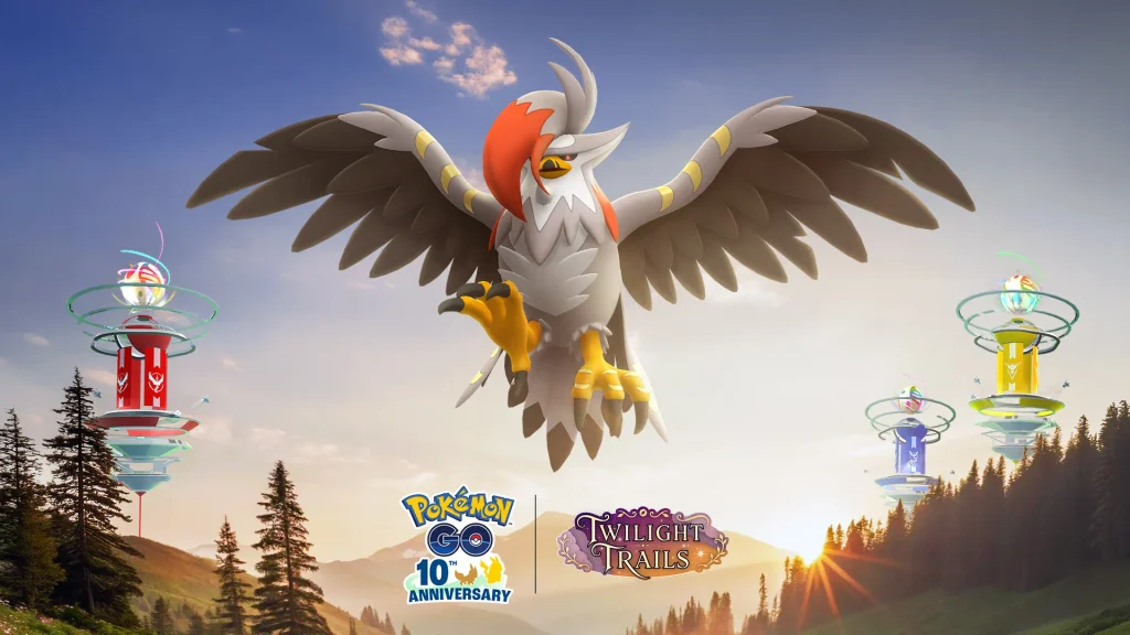 Mega Staraptor artwork showing its flying stance and feather crest