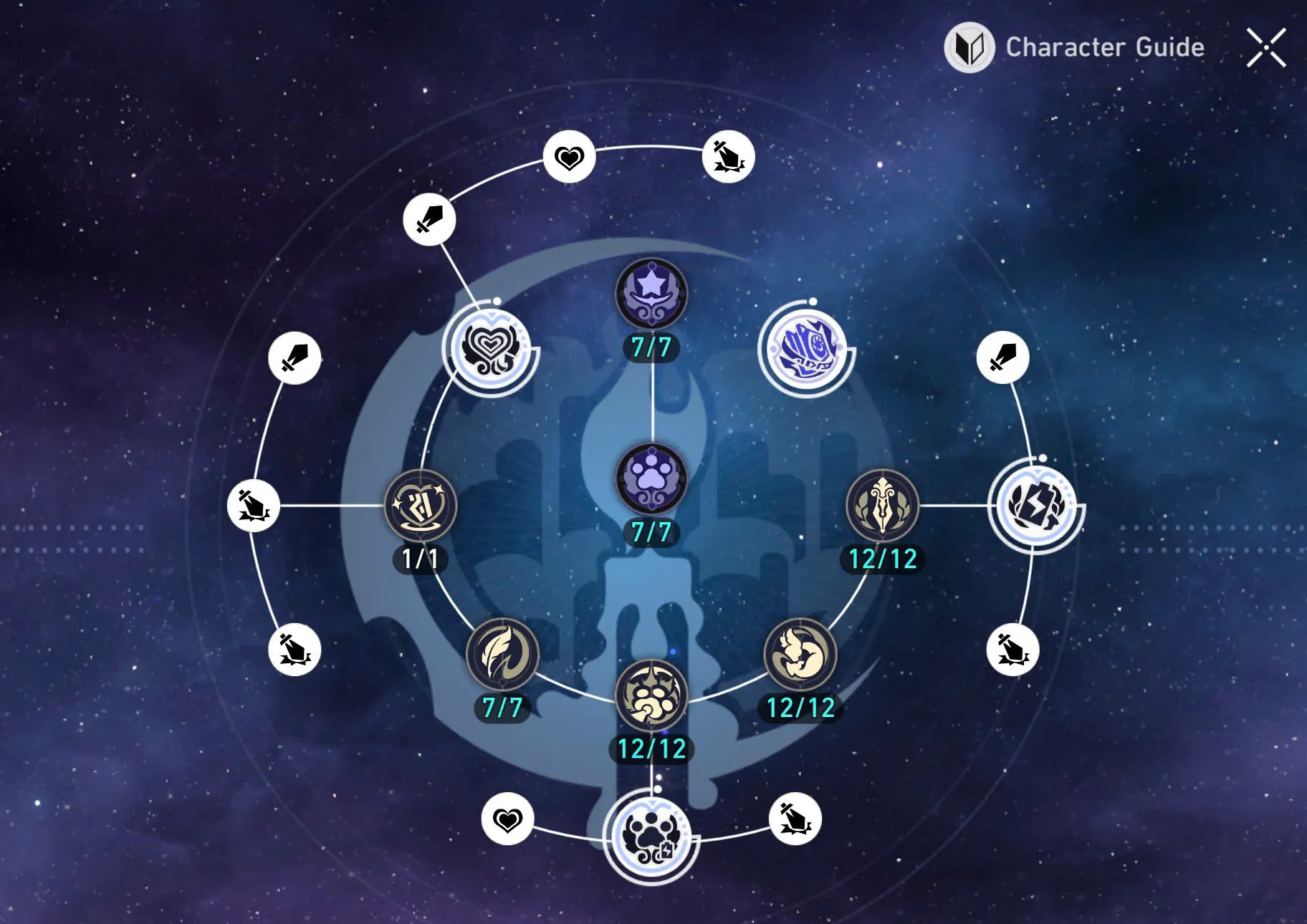 Character Trace skill tree interface showing ability upgrade nodes.