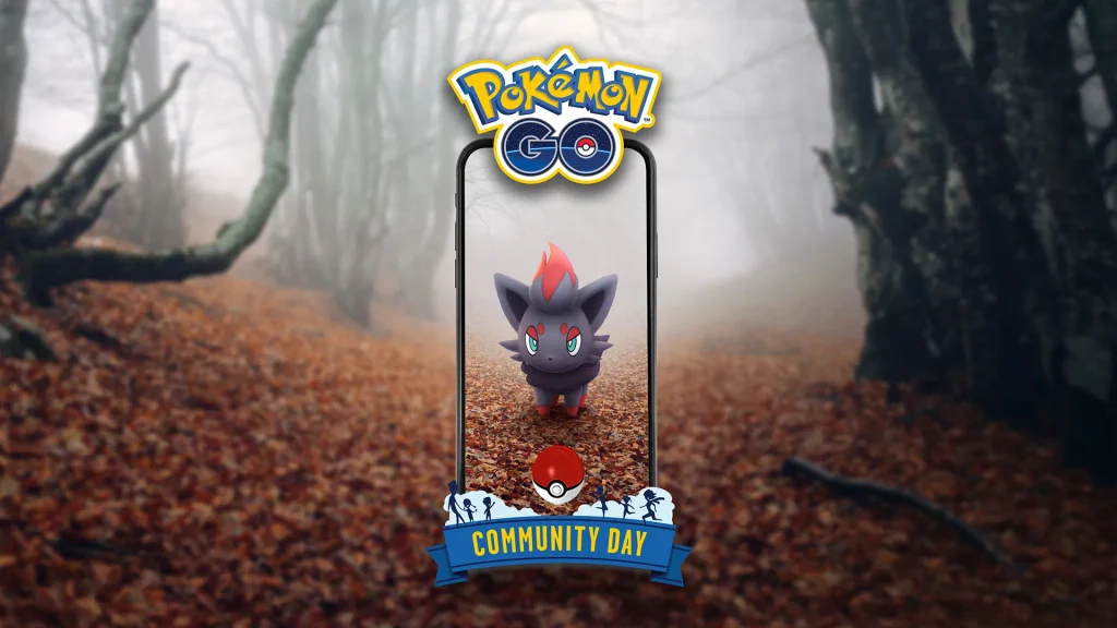 Zorua standing in a forest setting with a Poké Ball for Pokémon GO Community Day