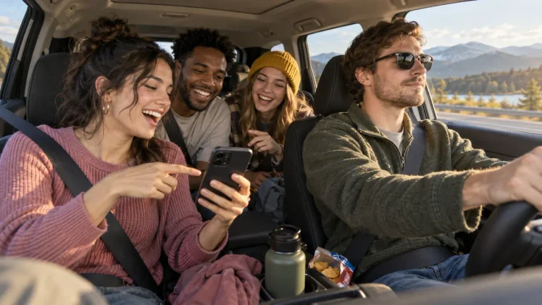 Friends playing a road trip game app while a passenger holds the phone