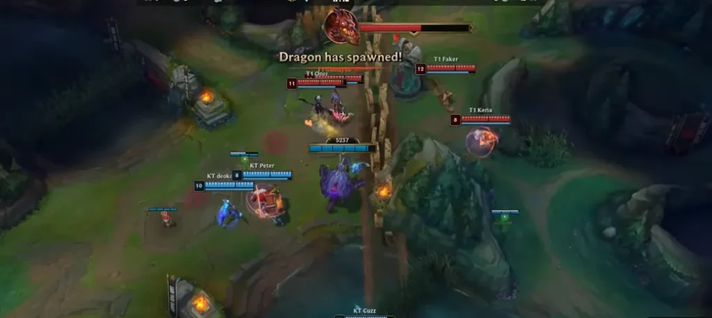 League of Legends champions engaging in a team fight with spell effects and health bars visible.
