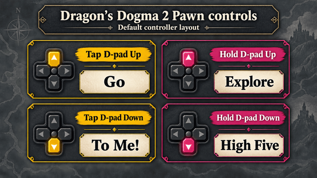Dragon’s Dogma 2 controller infographic showing Go, Explore, To Me! and High Five Pawn commands