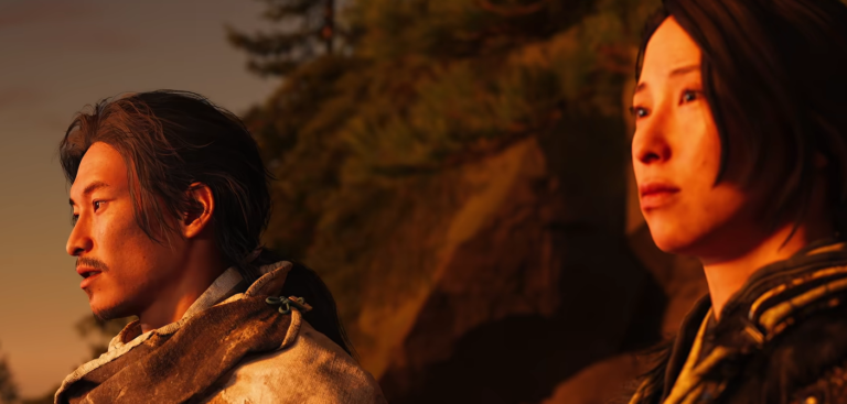 Cinematic close-up of Nagato and Atsu in Ghost of Yōtei Echoes of Sekigahara