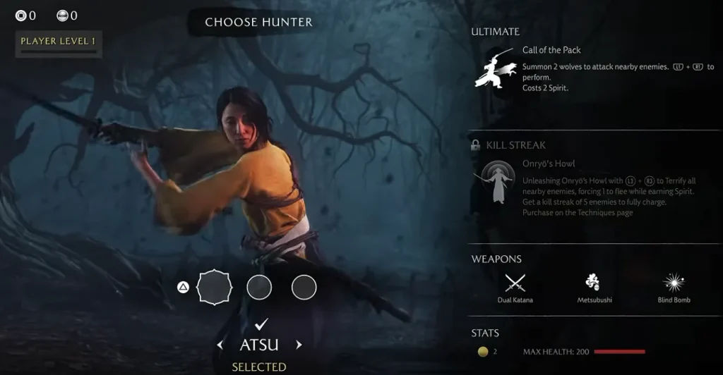 Atsu character select screen in Ghost of Yotei Most Wanted showing her Ultimate, Kill Streak, and weapons