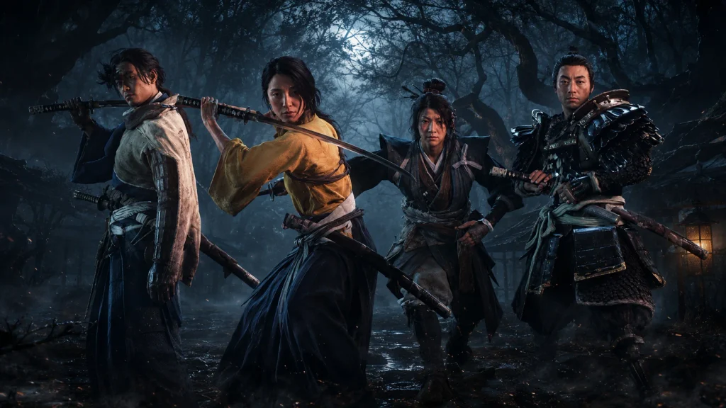 The four playable characters in Ghost of Yotei Most Wanted: Nagato, Atsu, Oyuki, and Jin Sakai