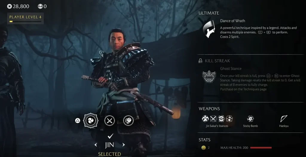 Jin Sakai character select screen in Ghost of Yotei Most Wanted showing his stances and abilities