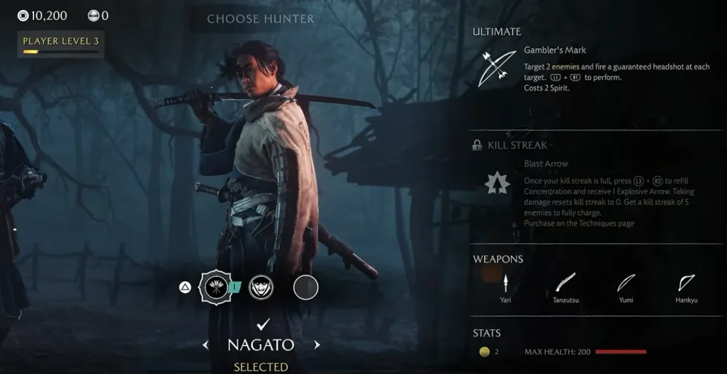 Nagato character select screen in Ghost of Yotei Most Wanted showing his ranged weapons and abilities