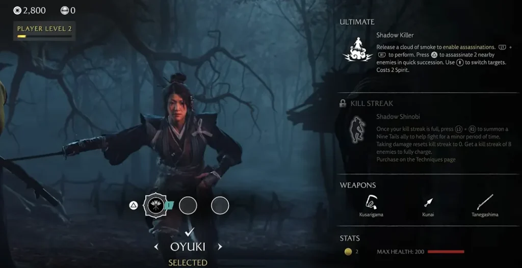 Oyuki character select screen in Ghost of Yotei Most Wanted showing her abilities and weapons