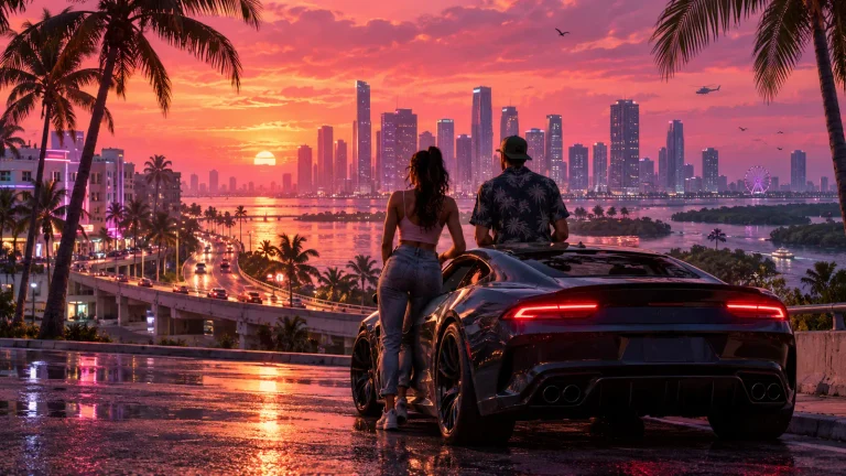 GTA 6-inspired artwork showing two partners beside a sports car overlooking a neon coastal skyline at sunset.
