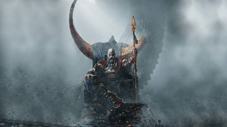 Kratos holding the Leviathan Axe in a snowy landscape from God of War Ragnarök.