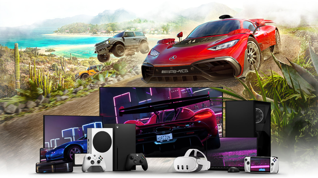 High-performance gaming PC hardware, gaming consoles, and mobile device rendering a racing game for cloud gaming