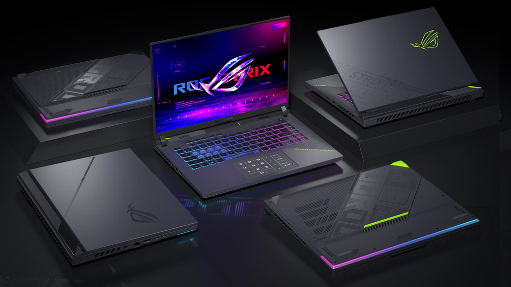 ASUS ROG Strix G16 gaming laptop displaying colorful RGB keyboard lighting and high-refresh gaming screen