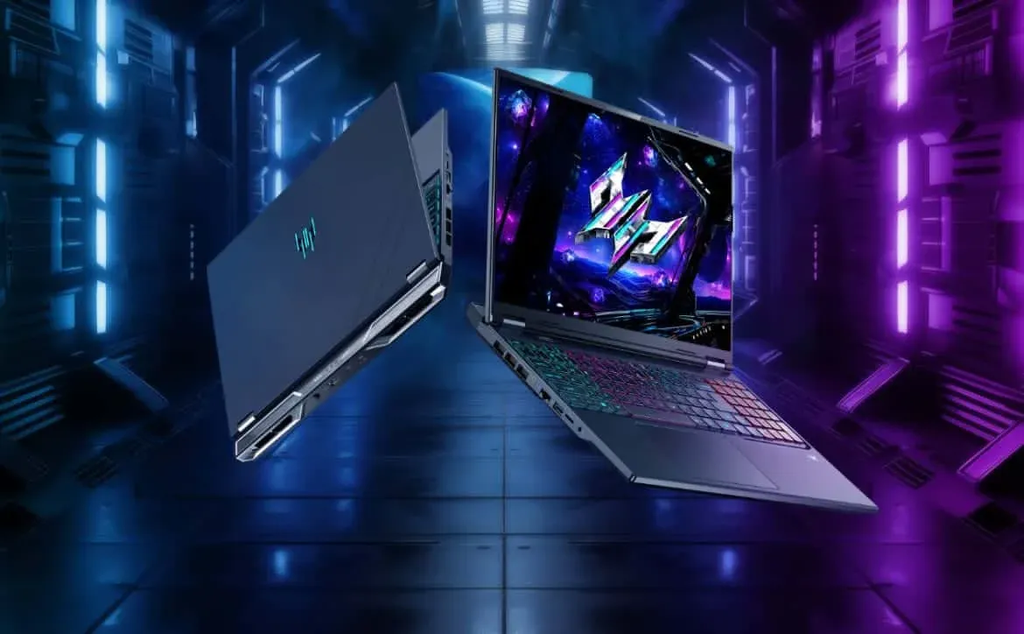 Acer Predator Helios Neo 16 gaming laptop open on a desk showing its display and keyboard layout