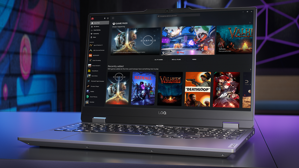 Lenovo LOQ 15 budget gaming laptop angled view highlighting its rear cooling vents and sleek design