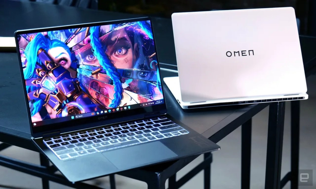 HP OMEN Transcend 14 thin gaming laptop featuring a translucent RGB keyboard and vibrant OLED screen