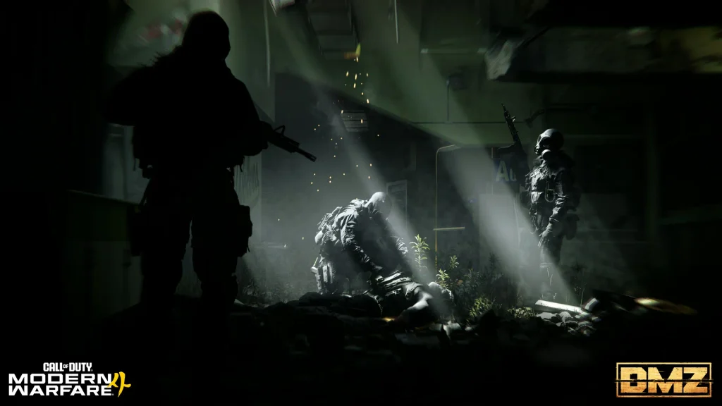 Operator searching tactical crates and scavenged loot containers inside a damaged building.
