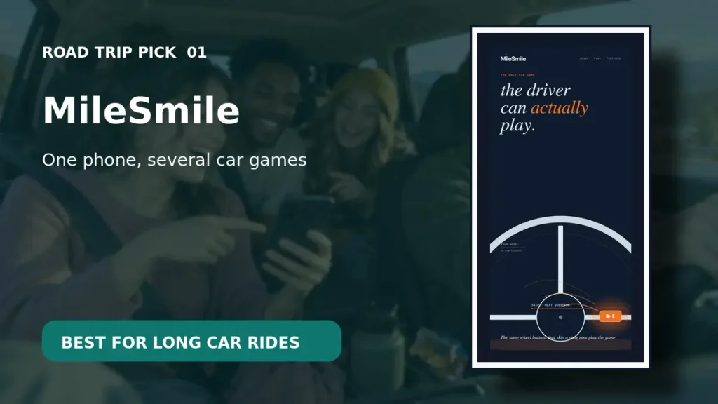 MileSmile road trip game app shown on a phone during a group car ride