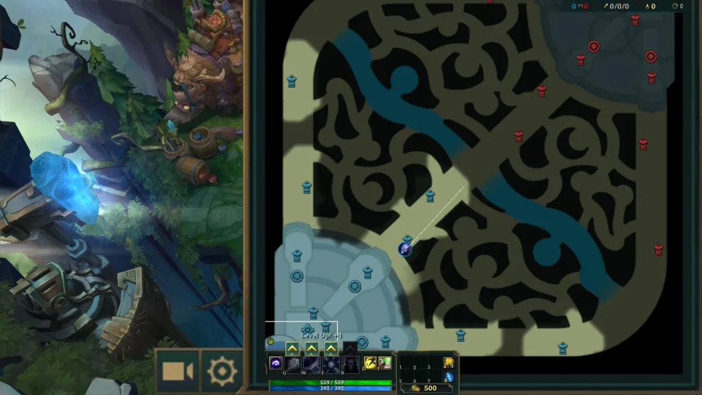 Close-up view of the League of Legends minimap displaying lanes, jungle paths, and objective icons.
