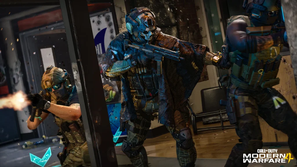 Operators in full tactical armor engaging targets at an indoor training range.