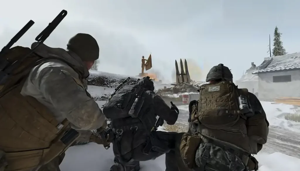 Modern Warfare 4 squad advancing across a snowy battlefield in Stranded