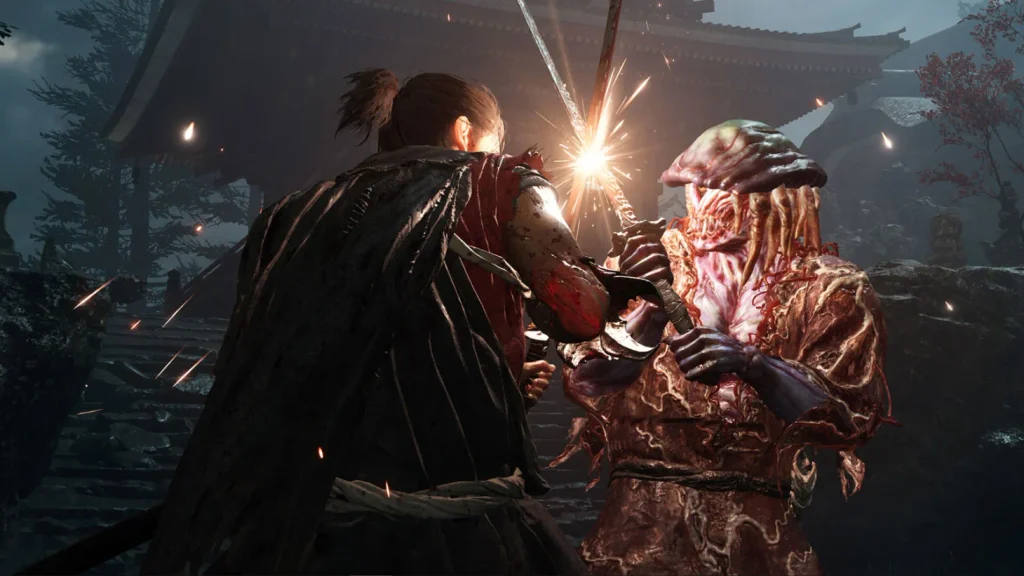 Miyamoto Musashi performing a sword parry and Issen counter in Onimusha: Way of the Sword.